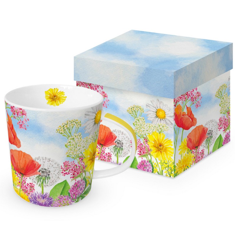 Tazza mug decorata con papaveri e altri fiori, contenuta in scatola con decoro abbinato